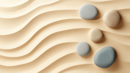 A serene composition featuring smooth stones on a gently textured sand surface, creating a calming and tranquil ambiance ideal for wellness and relaxation themes.の素材