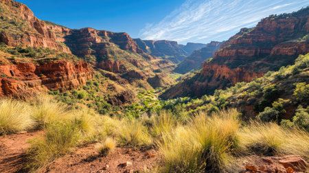 Breathtaking view of a canyon landscape with vibrant rocks and lush greenery under a clear blue sky, perfect for outdoor adventures and nature photography.の素材