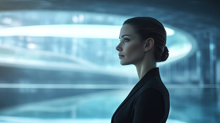 A poised woman in profile against a modern office backdrop. The image captures her elegance and confidence in a contemporary workspace setting, highlighting her thoughtful demeanor.の素材