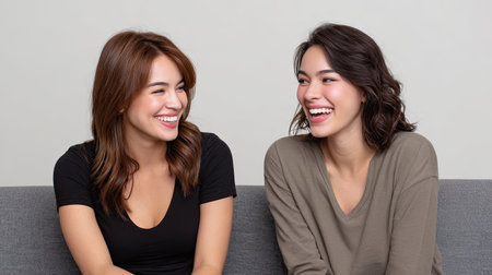 Two young women share a joyful moment on a couch, laughing and smiling together, highlighting friendship and the warmth of personal connections in a cozy atmosphere.の素材