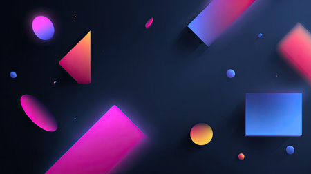 Explore this vibrant abstract design featuring geometric shapes with gradients, shadows, and a dark backdrop, perfect for creative projects and modern visuals.の素材