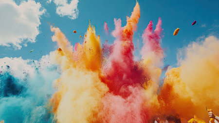A lively color powder festival with people throwing colored powder in the air, creating a rainbow cloud of celebrationの素材