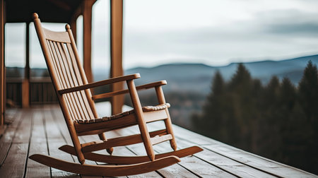 A serene and inviting wooden rocking chair on a porch, overlooking a breathtaking mountain landscape that captures the essence of relaxation and tranquility.の素材