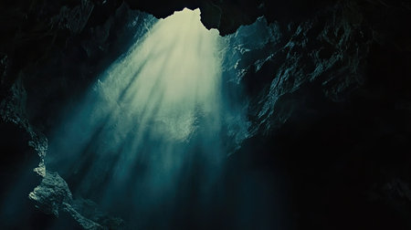 A breathtaking view of a cave with rays of light piercing through its opening, illuminating the dark rocky interior, creating a serene atmosphere.の素材