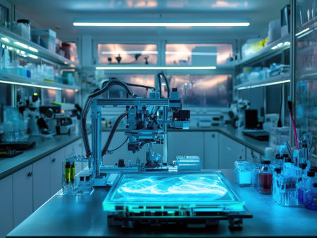 A futuristic bioprinting lab, where scientists are using 3D printers to create skin tissue for burn victims and organ replicas for researchの素材