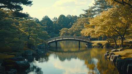 This tranquil scene features a traditional bridge over a peaceful pond, surrounded by vibrant foliage and reflective water, perfect for nature lovers.の素材