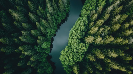 Explore this stunning aerial view featuring a lush green forest surrounding a serene river. Perfect for nature lovers and outdoor enthusiasts.の素材