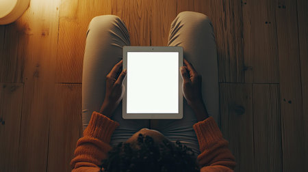 This image features a person sitting comfortably, holding a tablet with a blank screen in a warmly lit indoor setting. The scene evokes a feeling of relaxation and solitude.の素材