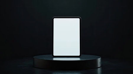A blank tablet device stands prominently on a dark platform, providing an ideal mockup for digital designs or marketing presentations. Perfect for showcasing apps.の素材