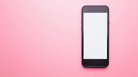 A blank smartphone rests on a soft pink background, ideal for showcasing app designs or advertisements. This minimalist composition emphasizes modern technology.の素材
