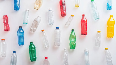 A vibrant assortment of plastic bottles in various colors and sizes on a white background. Perfect for illustrating recycling and sustainability themes.の素材