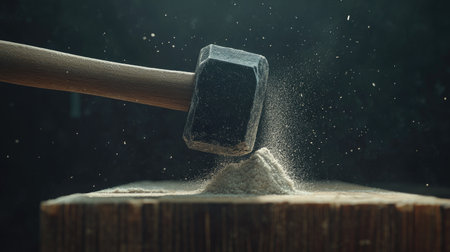 A powerful close-up image capturing a hammer striking a pile of dust, showcasing the impact and motion of the tool in action against a wooden surface.の素材