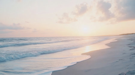 A peaceful sunset scene with waves gently lapping the sandy beach, creating a serene atmosphere. Perfect for conveying tranquility and natural beauty.の素材