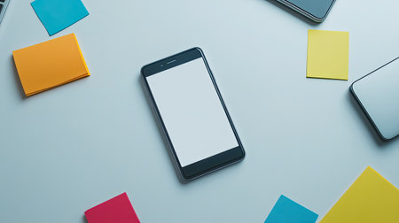 A blank smartphone placed on a desk with colorful sticky notes around it. Ideal for showcasing technology, office workspace, and creative planning.の素材