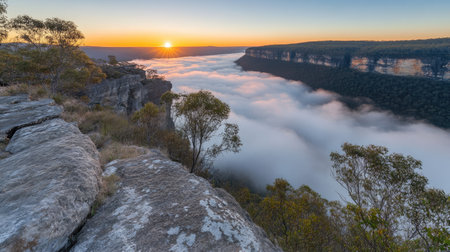 A stunning sunrise illuminates a fog-covered valley, showcasing the breathtaking natural beauty of the landscape. The serene scene evokes a tranquil atmosphere.の素材