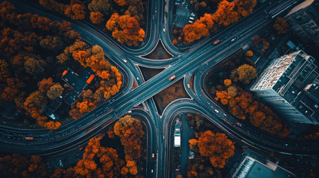 Aerial view of a busy urban highway interchange surrounded by vibrant autumn foliage, showcasing the blend of city life and nature in fall colors.の素材