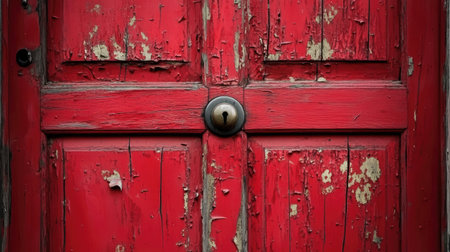 A close-up view of an old red door featuring peeling paint and a metallic keyhole, capturing vintage charm and weathered texture for architectural appreciation.の素材