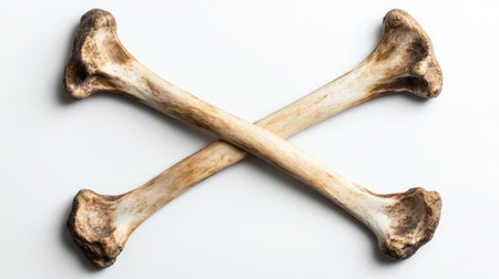 Crossed femur bones displayed on a smooth white background, providing clarity and detail for anatomical studies or educational purposes about the human skeletal system.の素材