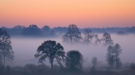 This serene landscape captures a misty scene at twilight, with silhouettes of trees emerging from enveloping fog. The tranquil hues create a peaceful atmosphere.の素材