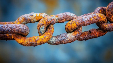 A detailed close-up image showcasing corroded iron chain links, revealing rich textures and colors from weathering, perfect for industrial or artistic themes.の素材