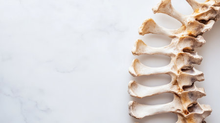 A clean and minimalist arrangement of rib bones lying vertically on a smooth surface. Perfect for anatomy studies, health-related visuals, and educational purposes.の素材