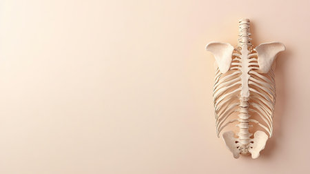 A minimalist depiction of a rib bone skeleton lying vertically on a soft background. This clean design highlights anatomical features, perfect for educational purposes or artistic displays.の素材