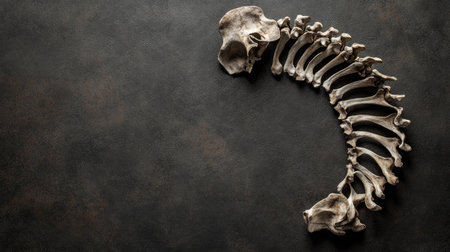 This image features a series of rib bones elegantly arranged in a curve on a dark matte surface, highlighting their natural form and texture, perfect for educational or artistic use.の素材