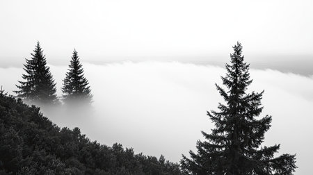 A serene landscape featuring thick mist obscuring the horizon, with dark silhouettes of pine trees rising above the fog, creating an ethereal atmosphere.の素材