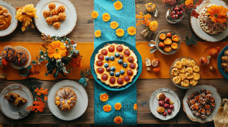 A colorful autumn feast featuring a variety of delicious desserts and vibrant flowers adorning a rustic table setting, perfect for seasonal celebrations.の素材