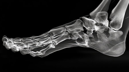 Explore the intricate anatomy of the human foot through a detailed x-ray image showcasing the bones, joints, and structure for educational and medical purposes.の素材