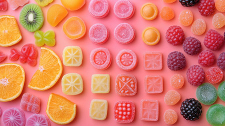 A vibrant assortment of colorful candies arranged neatly on a pink background. The image features various shapes and textures, perfect for sweet-themed projects.の素材