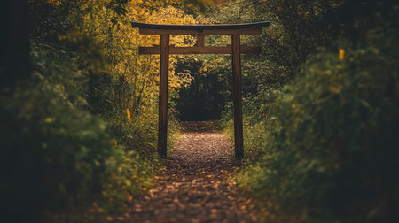 A tranquil pathway leads through a traditional torii gate, surrounded by vibrant autumn foliage. This serene forest scene captures the essence of nature and peace.の素材