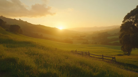 A breathtaking sunrise illuminates lush green hills, creating a serene atmosphere. The gentle glow of morning light enhances the beauty of nature's landscape.の素材