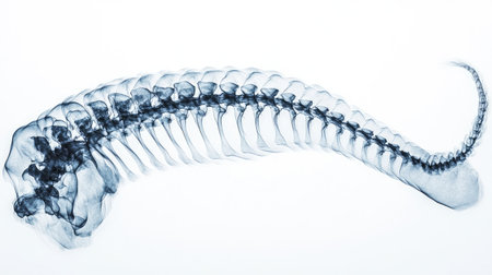 This x-ray image showcases the intricate details of a fish skeleton, highlighting its structure and anatomy for educational and scientific purposes.の素材