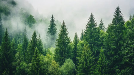A serene misty forest landscape featuring lush green trees surrounded by fog. This tranquil scene evokes a sense of peace, nature, and beauty.の素材