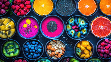 A vibrant assortment of fresh fruits and seeds arranged beautifully in bowls. Perfect for showcasing healthy eating, nutrition, and colorful desserts.の素材