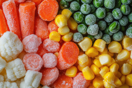 A frozen vegetable pack with a mix of peas, carrots, and corn, ready to be used for a quick mealの素材