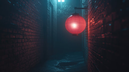 A tranquil alleyway illuminated by a red lantern, surrounded by fog and brick walls. This serene night scene evokes a sense of mystery and peace.の素材