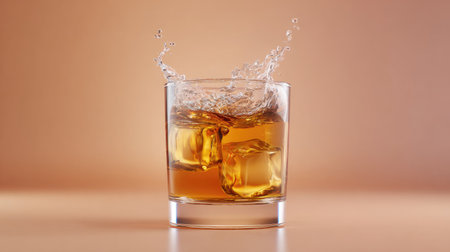A stunning visual of whiskey in a glass, featuring ice cubes as they create a dynamic splash. The soft gradient background enhances the lively moment, perfect for beverage enthusiasts.の素材