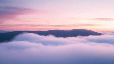 Ethereal clouds blanketing rolling mountains at sunrise create a tranquil and breathtaking landscape, perfect for nature lovers and photographers alike.の素材