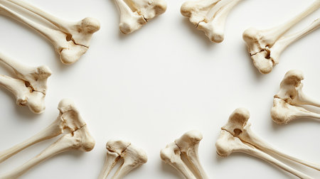 This image displays crossed femur bones arranged elegantly on a smooth white background. Ideal for medical illustrations, educational content, and anatomical studies.の素材
