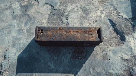 An aerial view of a weathered iron beam resting on a concrete surface. The rusted texture and industrial feel highlight age and durability, making it ideal for construction-themed projects.の素材