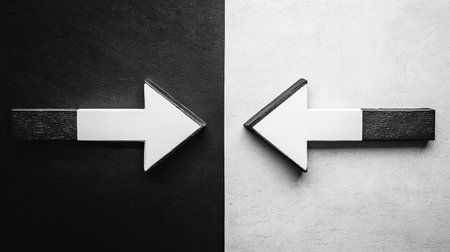 Two arrows in contrasting black and white point in opposite directions, symbolizing choice and duality, set against a minimalist backdrop.の素材