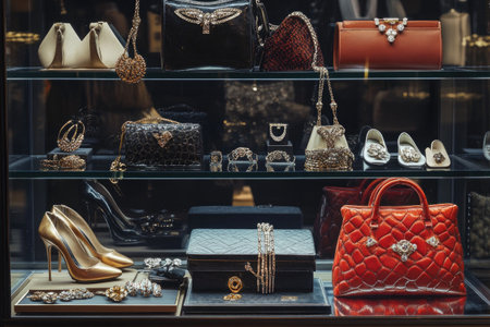 A luxurious collection of fashion accessories, including handbags, jewelry, and statement shoes in a displayの素材