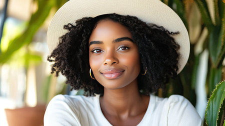 A portrait of a young woman with curly hair wearing a stylish hat, exuding confidence and joy in a relaxed indoor setting surrounded by greenery.の素材