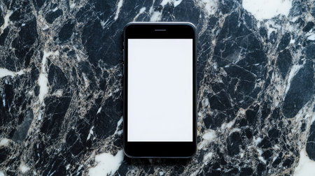 A minimalist smartphone with a blank screen positioned on a sleek marble surface, perfect for showcasing apps, templates, or digital designs. Ideal for modern lifestyle themes.の素材