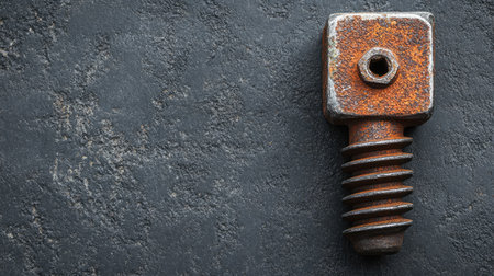 A close-up of a rusted iron bolt isolated on a rough surface. The intricate texture and weathered details provide an industrial aesthetic, ideal for design projects.の素材
