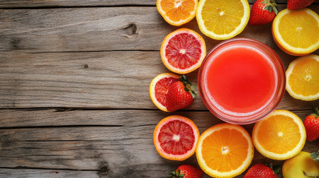 A vibrant arrangement featuring a glass of fresh juice surrounded by colorful slices of strawberries and citrus fruits on a rustic wooden table.の素材