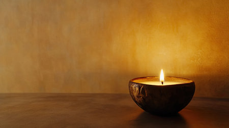 A serene image of a single candle in a rustic bowl, casting a warm glow. Perfect for evoking tranquility and a cozy atmosphere in any space.の素材