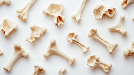 A collection of assorted animal bones displayed on a white background. These bones showcase unique textures and shapes, ideal for educational or artistic projects.の素材
